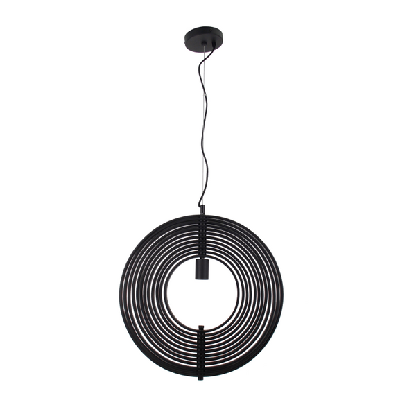 Detailaufnahme der schwarzen Ring Pendelleuchte mit industriellem Charme. Ideal für moderne Wohnräume und stilvolle Akzente.