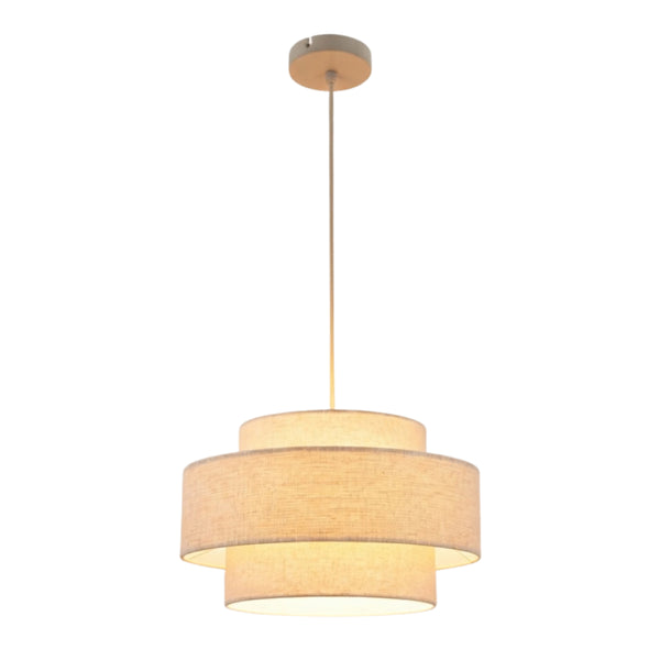 Die beige Pendelleuchte Trilo vereint Leinen und Baumwolle für einen warmen, japanisch inspirierten Look.