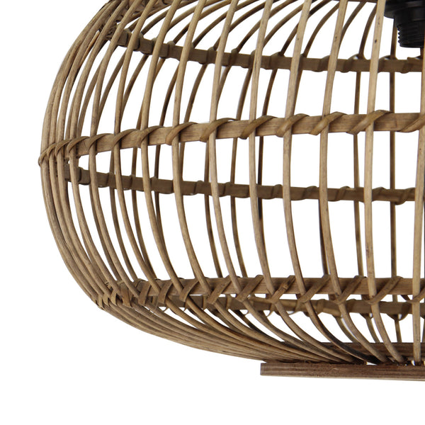 Detailansicht der beigen Woven Pendelleuchte aus Bambus. Sie bringt modernes Flair und natürlicher Wärme in jeden Raum.