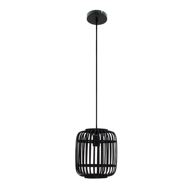 Detailaufnahme der schwarzen Woven Pendelleuchte aus Bambus. Ihr modernes Design bringt natürliche Eleganz in jeden Wohnraum.
