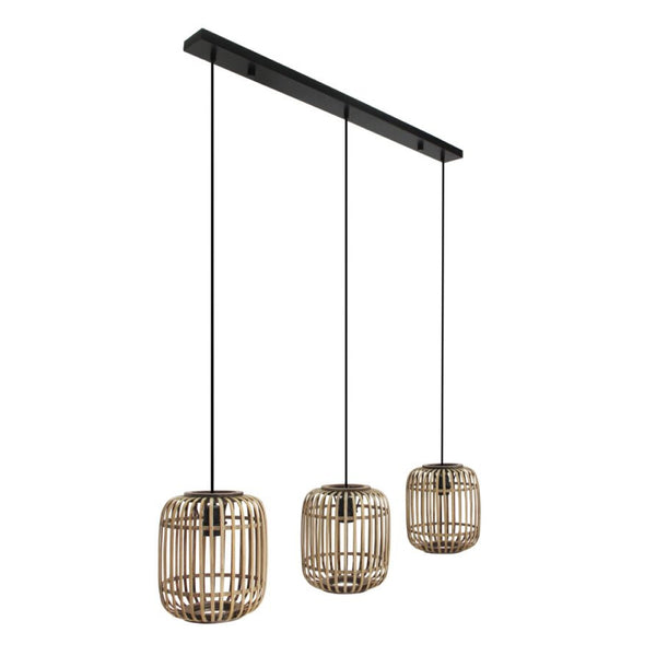 Detailansicht der modernen beige Woven Pendelleuchte aus Holz.