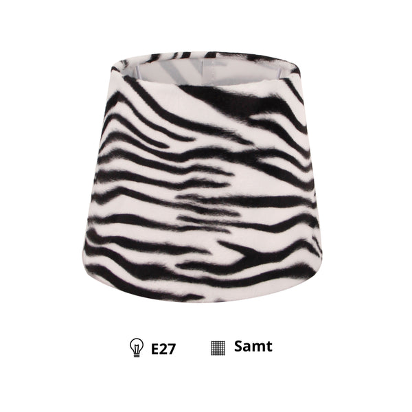 Detailansicht des Zebra Lampenschirms in Schwarz und Weiß. Perfekt für einen modernen Akzent in jedem Raum.